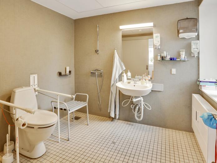 Badeværelse med handicapfaciliteter, badebænk, vask, spejl og radiator.