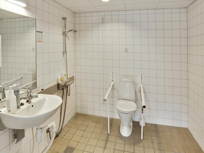 Badeværelse med handicapfaciliteter, brusekabine og toilet.