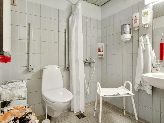 Flisebadeværelse med toilet med armstøtter, vask med spejl og bruser samt badebænk.