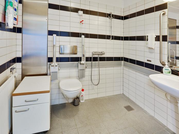 Lyst flisebadeværelse med vask, spejl, toilet med armstøtter og bruser samt indbygget skab.