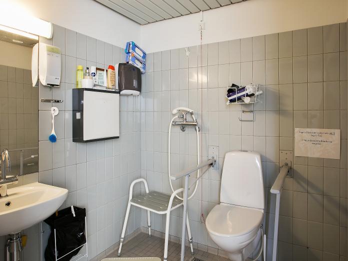 Badeværelse med gråfliser samt toilet, vask, spejl og bruser med badestol.
