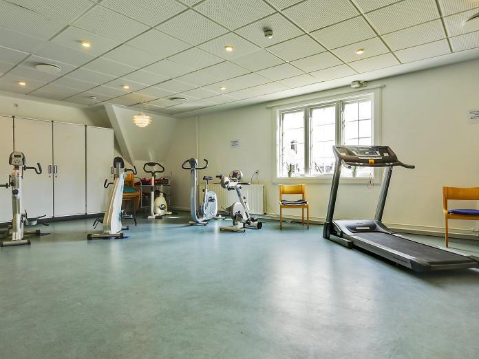 Lyst motionsrum med forskellige træningsmaskiner som kondicykler og løbebånd.