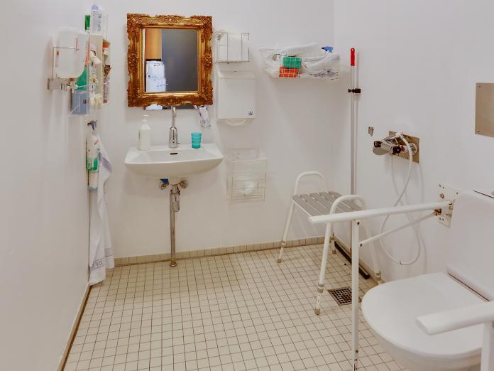 Lyst badeværelse med klinker på gulvet. Badeværelset er indrettet med toilet med armlæn, vask med spejl og en bruser med badebænk. 