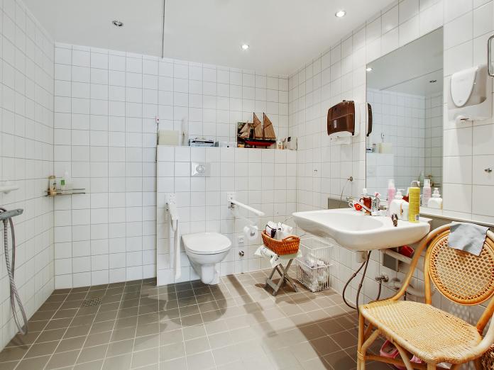 Flisebadeværelse i hvid og grå med vask, stort spejl, væghængt toilet med armstøtte og bruser.
