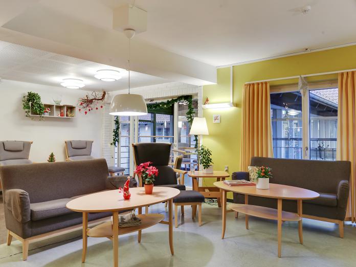 Fælles stue med sofaer, lænestol og sofaborde samt grønne planter, standerlampe og nips.