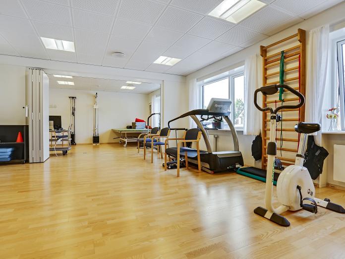 Stort, lyst motionsrum med forskellige træningsmaskiner som motionscykel og løbebånd samt en ribbe og en stepbænk.