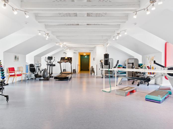Stort, lyst motionsrum med forskellige træningsmaskiner som motionscykel og løbebånd samt en gangbarre, frivægte og en boksesæk.  