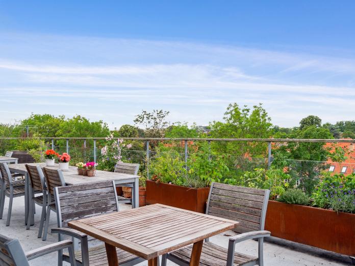Fælles terrasse med havemøbler og plantekasser med krydderurter og planter og udsigt over træer og tage.