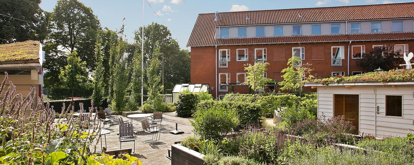 Bonderupgård set fra haven, der har mange buske, træer og blomster.